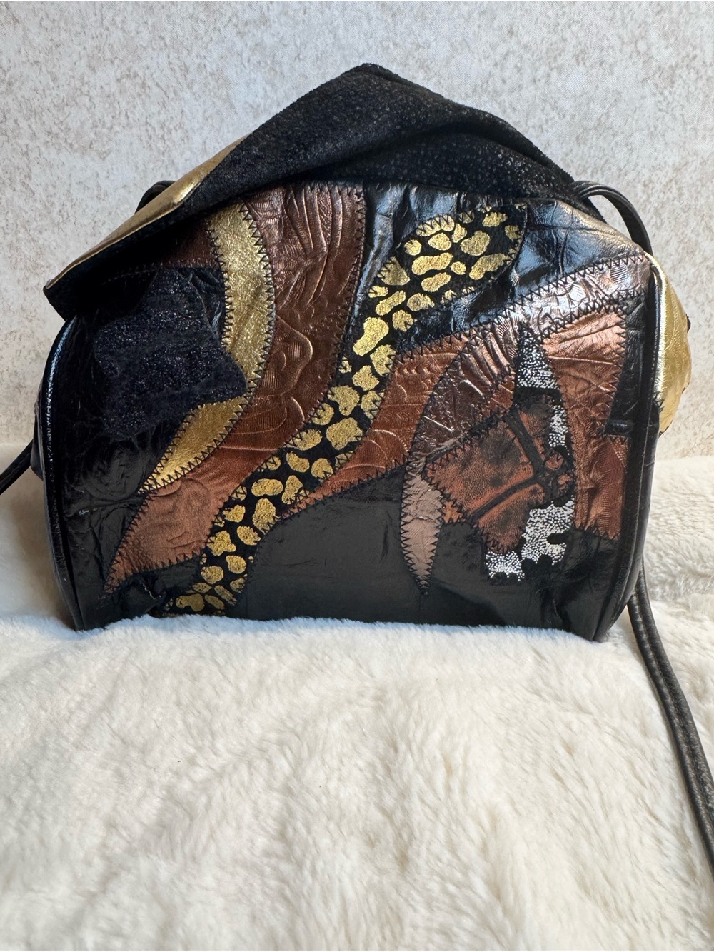 TaLee Genuine Leather Patchwork Bag in Black and Metallic Accents